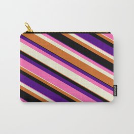 [ Thumbnail: Colorful Indigo, Hot Pink, Beige, Chocolate & Black Colored Lined Pattern Carry-All Pouch ]