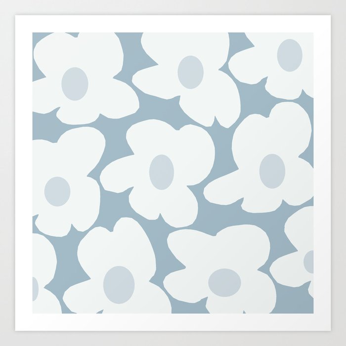 Large White (with a hint of blue) Retro Flowers Blue-gray Background #decor #society6 #buyart Art Print