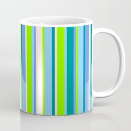 [ Thumbnail: Eye-catching Chartreuse, Light Sky Blue, Dark Cyan, Cornflower Blue, and Beige Colored Lines Pattern Coffee Mug ]