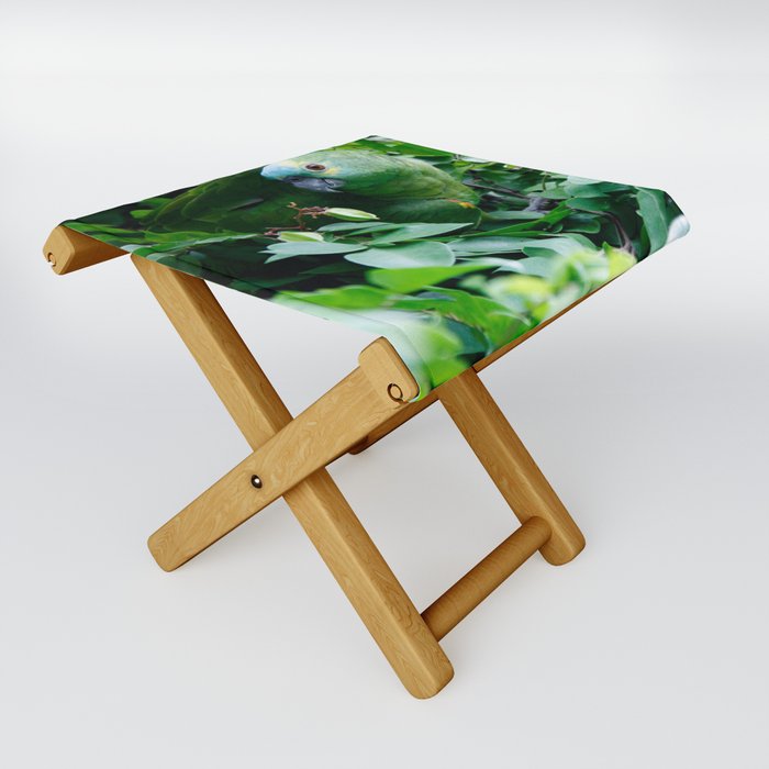 Brazil Photography - Green Parrot Camouflaged In The Green Leaves Folding Stool