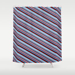 [ Thumbnail: Red, Deep Sky Blue, Maroon & Sky Blue Colored Lined/Striped Pattern Shower Curtain ]