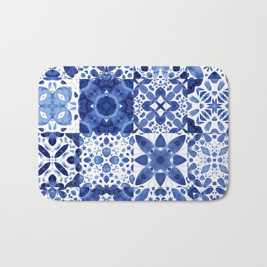 Indigo Watercolor Tiles Bath Mat