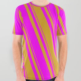 [ Thumbnail: Goldenrod and Fuchsia Colored Lined/Striped Pattern All Over Graphic Tee ]