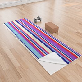 [ Thumbnail: Eye-catching Beige, Red, Dark Orchid, Sky Blue, and Dark Blue Colored Stripes/Lines Pattern Yoga Towel ]