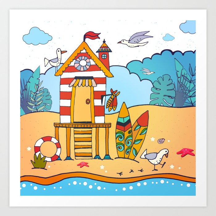 Surfers Beach Hut Nautical Illustration Art Print By Moonfluff Society6