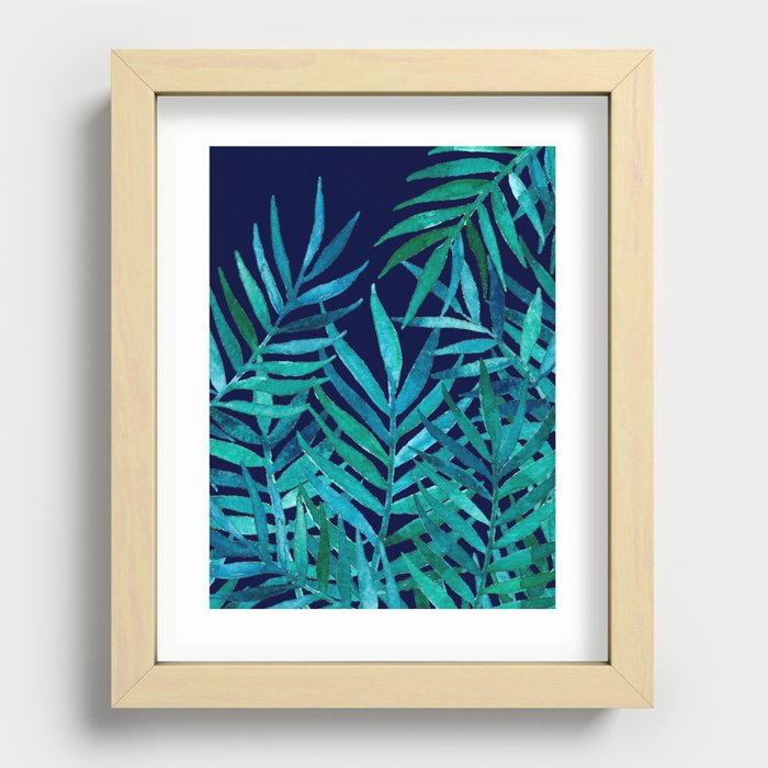 Watercolor Palm Leaves on Navy Recessed Framed Print