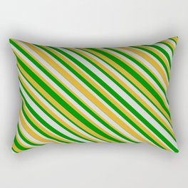 [ Thumbnail: Green, Light Gray, and Goldenrod Colored Striped Pattern Rectangular Pillow ]