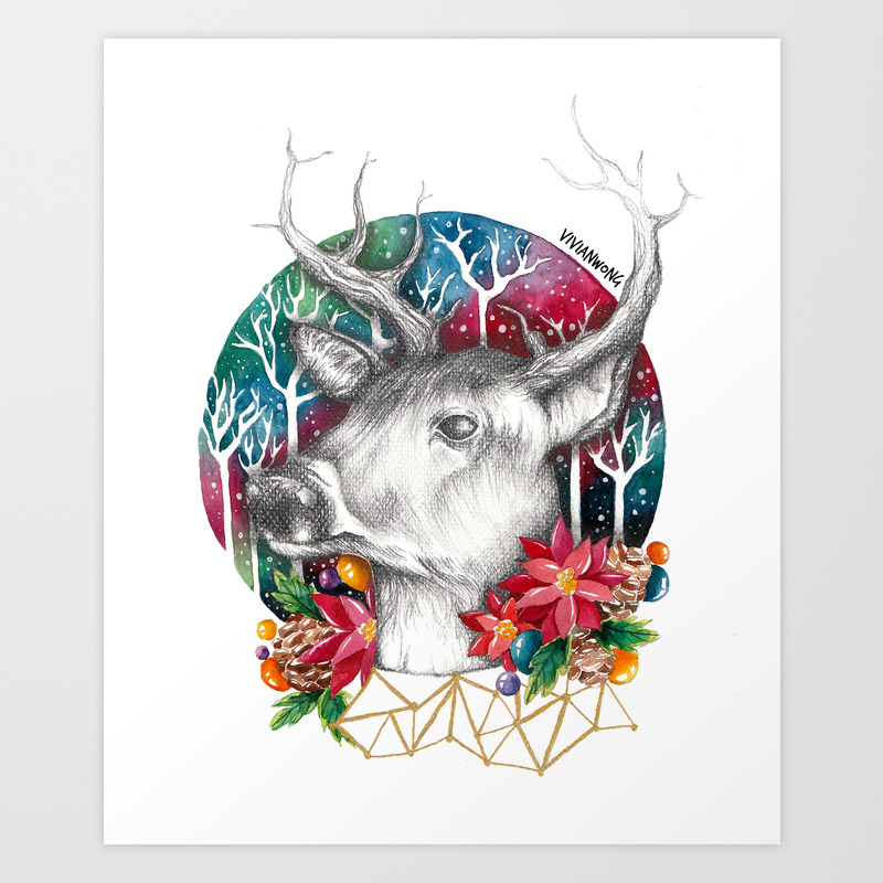 Christmas Reindeer Deer Painting Drawing Art Print By