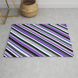 [ Thumbnail: Eye-catching Dark Slate Gray, Grey, Purple, Light Cyan, and Black Colored Lines Pattern Rug ]