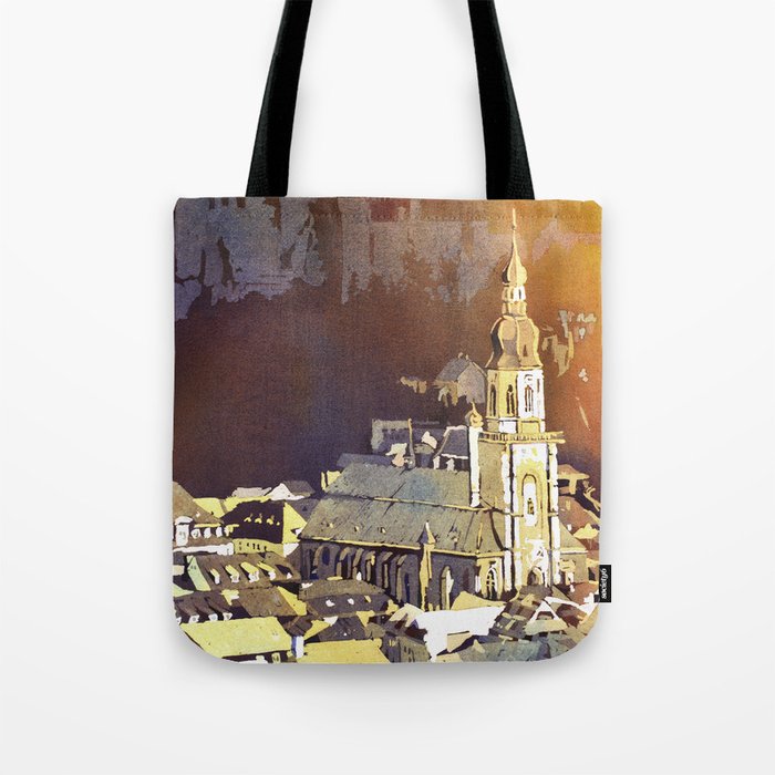 Watercolor painting of steeple of 13th century Church of the Holy Spirit in city of Heidelberg, Germany Tote Bag
