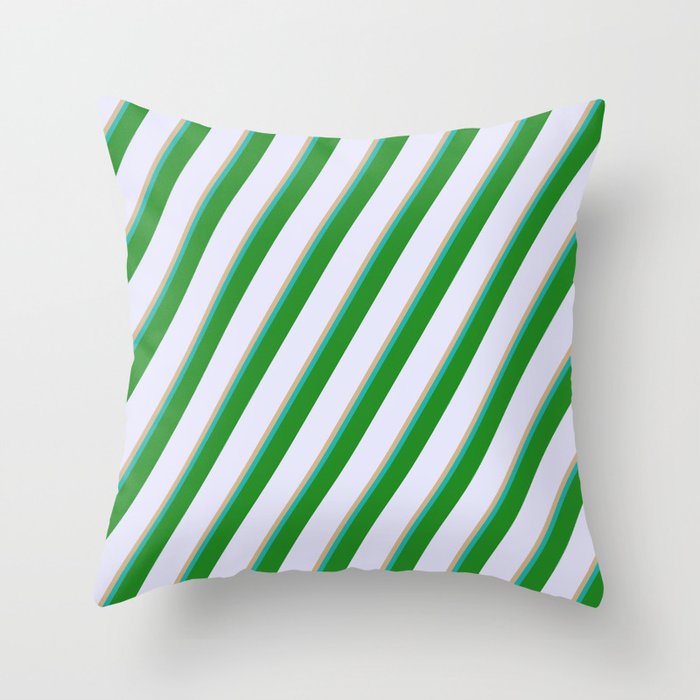 Tan, Light Sea Green, Forest Green, and Lavender Colored Lined/Striped Pattern Throw Pillow