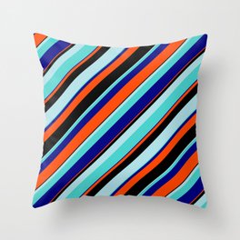 [ Thumbnail: Eye-catching Powder Blue, Turquoise, Blue, Red, and Black Colored Lined/Striped Pattern Throw Pillow ]