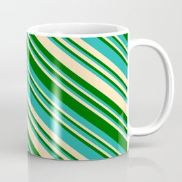 [ Thumbnail: Light Sea Green, Beige, and Dark Green Colored Lined Pattern Coffee Mug ]