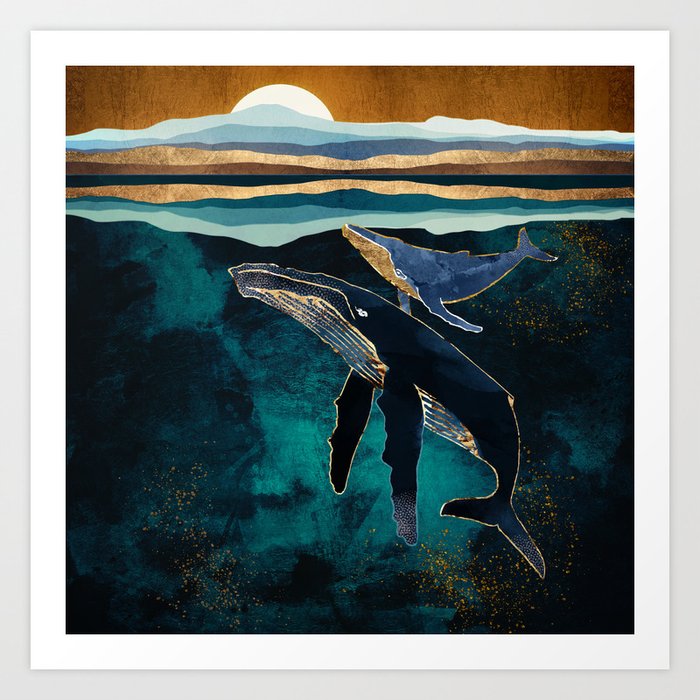 Moonlit Whales Art Print