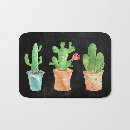 Three Green Cacti On Chalkboard Bath Mat