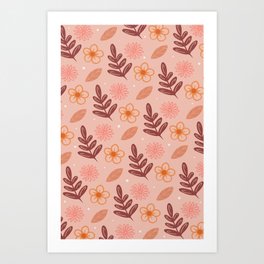 Botanical Floral Pattern in Pink and Orange Art Print