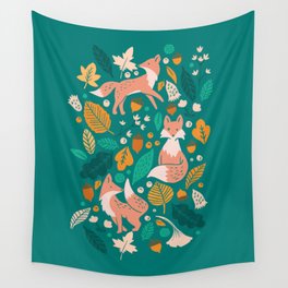 Foxes in Teal + Pink Wall Tapestry