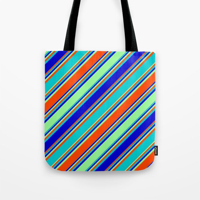 Dark Turquoise, Blue, Green, and Red Colored Striped Pattern Tote Bag