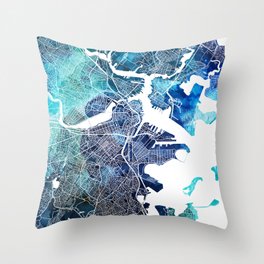Boston Massachusetts Map Navy Blue Turquoise Watercolor Throw Pillow