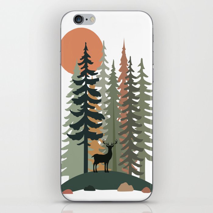 landscape. stones and green Christmas forest trees, deer, and sunrise. iPhone Skin