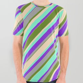 [ Thumbnail: Green, Bisque, Aquamarine, Purple & Dark Gray Colored Stripes Pattern All Over Graphic Tee ]
