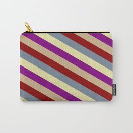 [ Thumbnail: Vibrant Pale Goldenrod, Purple, Tan, Dark Red & Light Slate Gray Colored Striped Pattern Carry-All Pouch ]