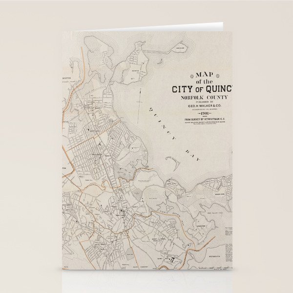 Vintage Map of Quincy MA (1901) Stationery Cards by BravuraMedia Society6