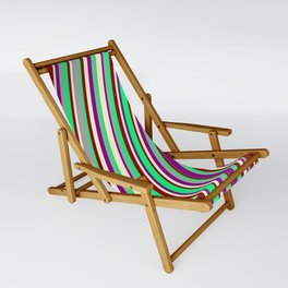 [ Thumbnail: Colorful Dark Gray, Green, Dark Red, Light Yellow, and Purple Colored Lined/Striped Pattern Sling Chair ]