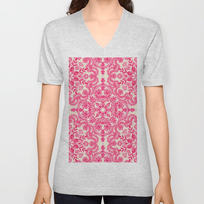 Hot Pink & Soft Cream Folk Art Pattern V Neck T Shirt