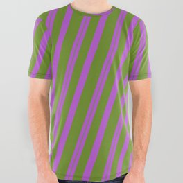 [ Thumbnail: Orchid & Green Colored Lines/Stripes Pattern All Over Graphic Tee ]