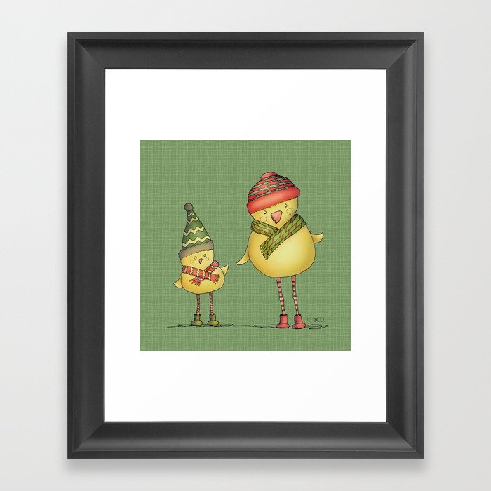 Two Chicks - Green Framed Art Print