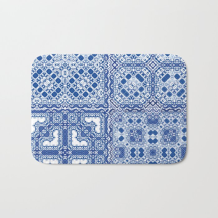 Traditional ornate portuguese azulejos. Fashionable design. Kit of vintage seamless patterns. Blue abstract background Bath Mat