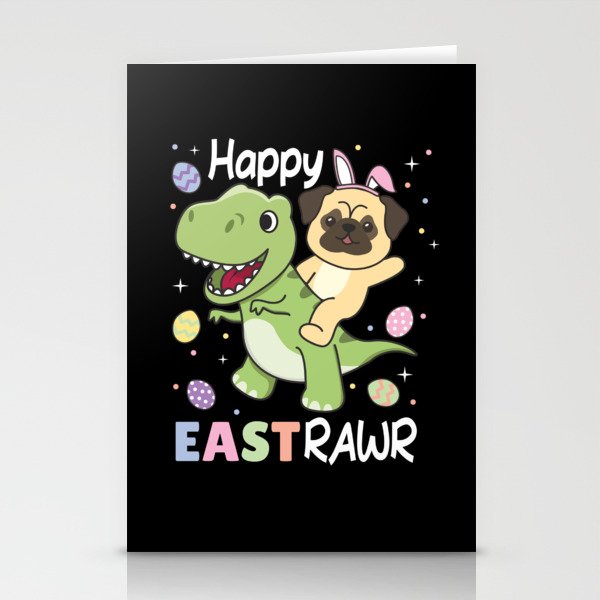 Pug With T-rex Easter Estrawr Easter Pun Stationery Cards