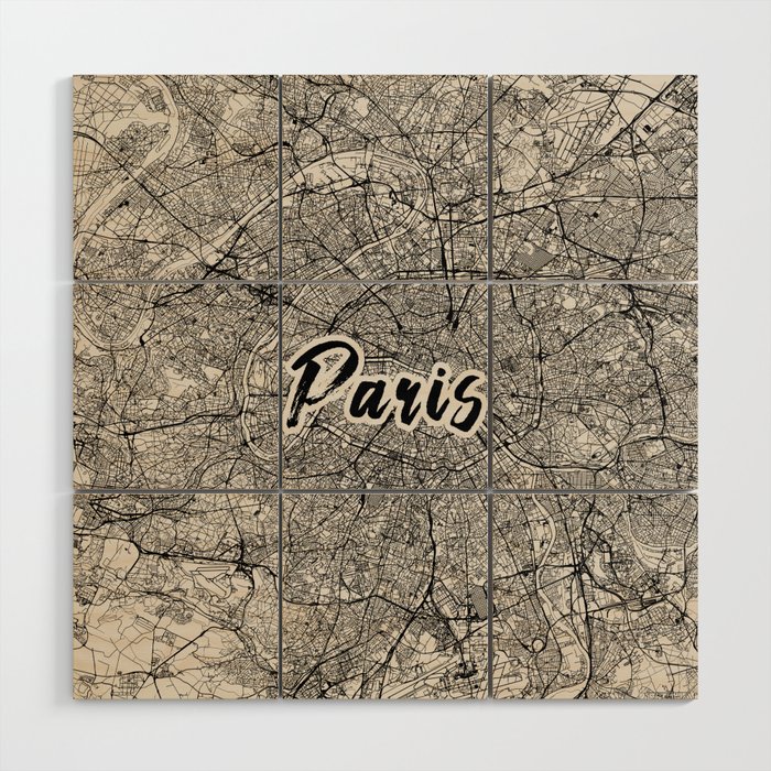 PARIS - Black and White City Map Wood Wall Art