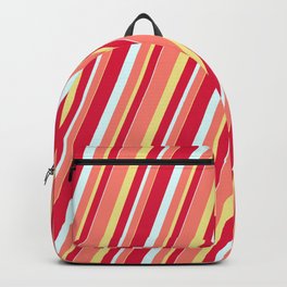 [ Thumbnail: Crimson, Light Cyan, Salmon & Tan Colored Stripes Pattern Backpack ]