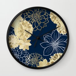 Navy, Gold and White Floral Garden Wall Clock