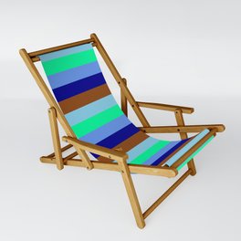 [ Thumbnail: Eyecatching Sky Blue, Green, Cornflower Blue, Dark Blue & Brown Colored Stripes/Lines Pattern Sling Chair ]