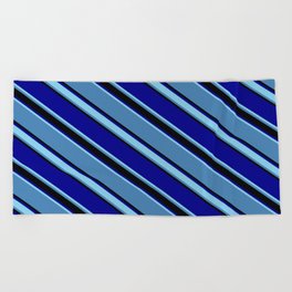 [ Thumbnail: Blue, Black, Dark Blue & Sky Blue Colored Pattern of Stripes Beach Towel ]