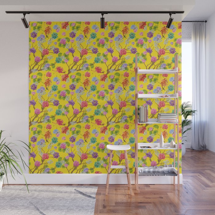 Asian Flowers with peonys and lilys on a bright yellow background Wall Mural