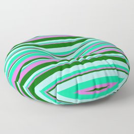 [ Thumbnail: Turquoise, Green, Orchid & Dark Green Colored Striped/Lined Pattern Floor Pillow ]