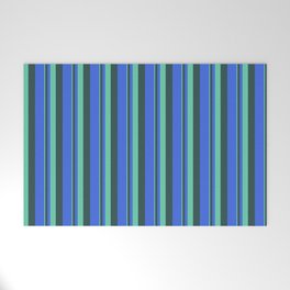 [ Thumbnail: Aquamarine, Dark Slate Gray, and Royal Blue Colored Lines/Stripes Pattern Welcome Mat ]