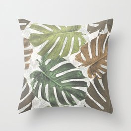 Monstera tropical golden palm leaves Throw Pillow