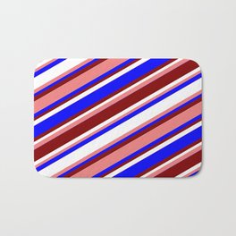[ Thumbnail: Light Coral, Blue, Maroon, and White Colored Stripes Pattern Bath Mat ]