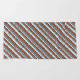 [ Thumbnail: Sienna, Light Slate Gray & Light Blue Colored Lines/Stripes Pattern Beach Towel ]