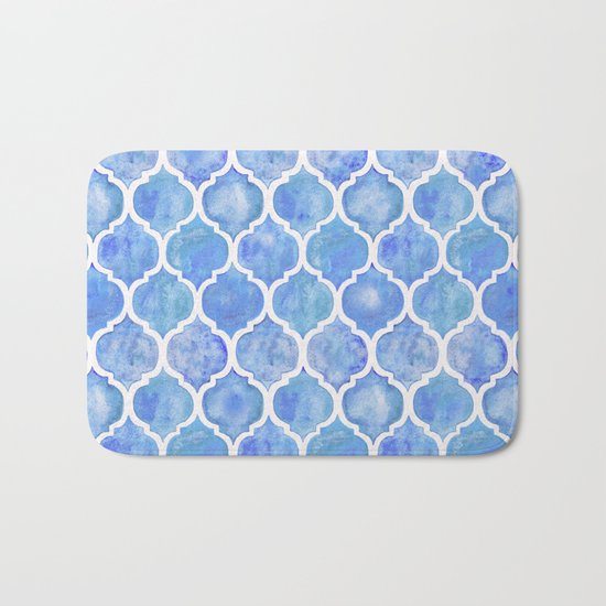 Cornflower Blue Moroccan Hand Painted Watercolor Pattern Bath Mat