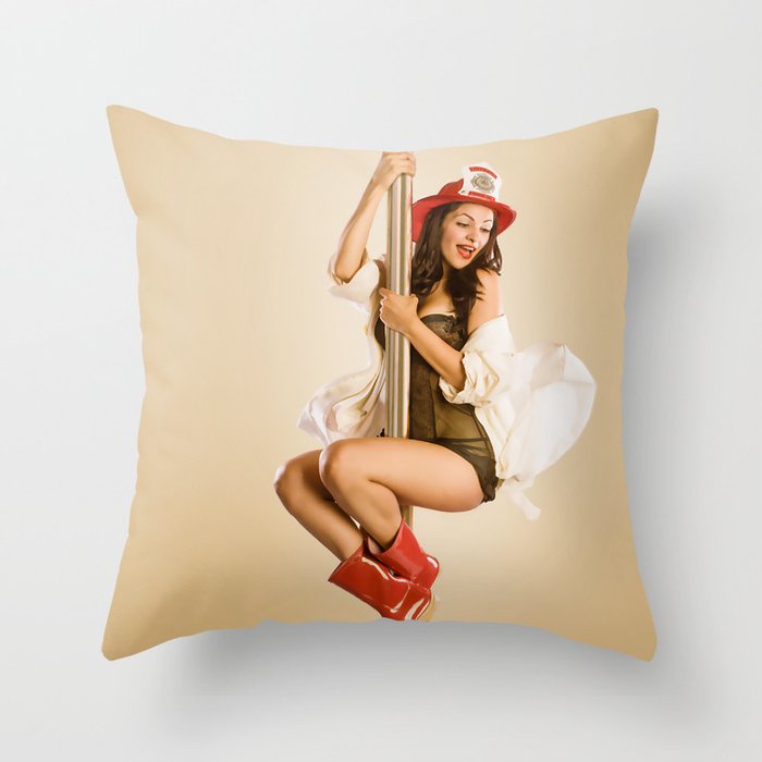 "Four-Alarm Flirt" - The Playful Pinup - Firefighter Girl Pin-up by Maxwell H. Johnson Throw Pillow