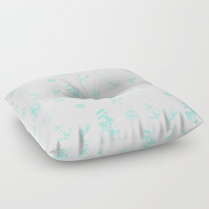 Mint Blue Silhouettes Of Vintage Nautical Pattern Floor Pillow