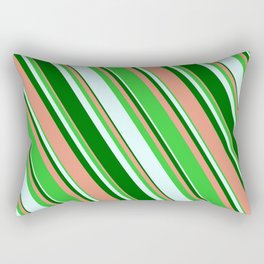[ Thumbnail: Dark Salmon, Lime Green, Light Cyan, and Dark Green Colored Stripes/Lines Pattern Rectangular Pillow ]