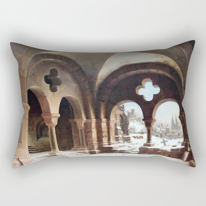  Klosterkreuzgang im Winter mit Blick auf eine zweitürmige Kathedrale - Carl Georg Hasenpflug Rectangular Pillow