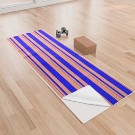 [ Thumbnail: Light Salmon & Blue Colored Lined/Striped Pattern Yoga Towel ]